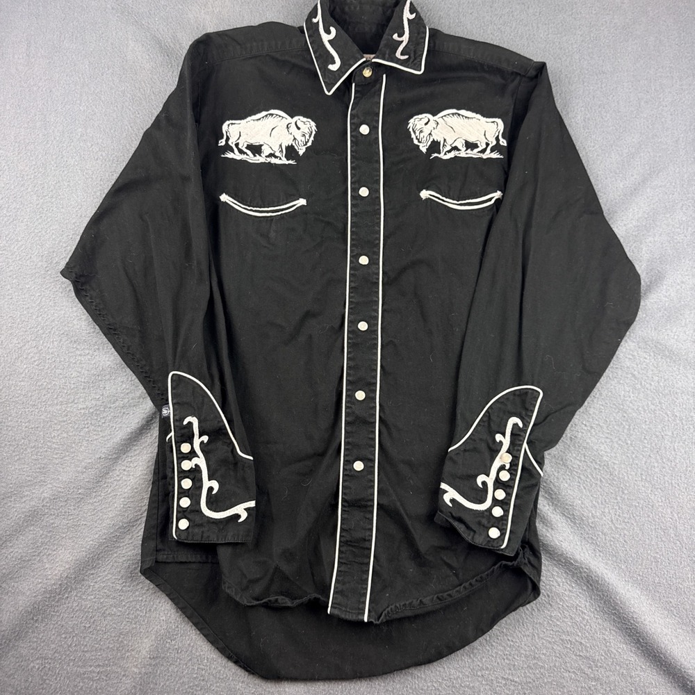 Rockmount Ranch Wear Shirt Men's S Black Buffalo Embroidered Western Fringe Snap